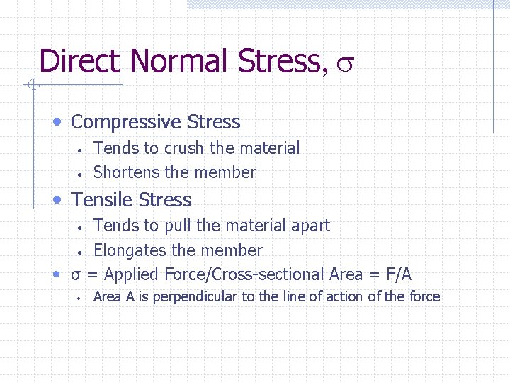 Direct Normal Stress, • Compressive Stress • • Tends to crush the material Shortens Direct Normal Stress, • Compressive Stress • • Tends to crush the material Shortens