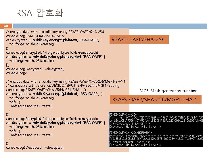 RSA 암호화 48 // encrypt data with a public key using RSAES-OAEP/SHA-256 console. log('RSAES-OAEP/SHA-256