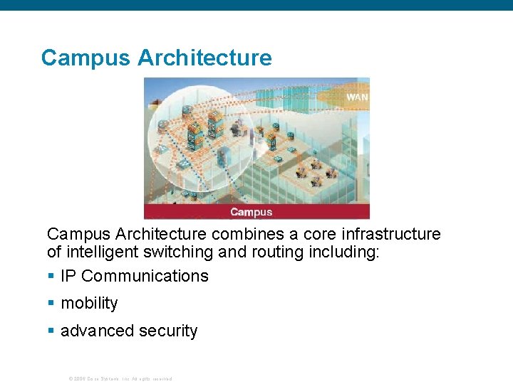 Campus Architecture combines a core infrastructure of intelligent switching and routing including: § IP