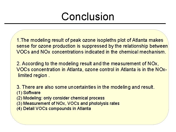 Conclusion 1. The modeling result of peak ozone isopleths plot of Atlanta makes sense