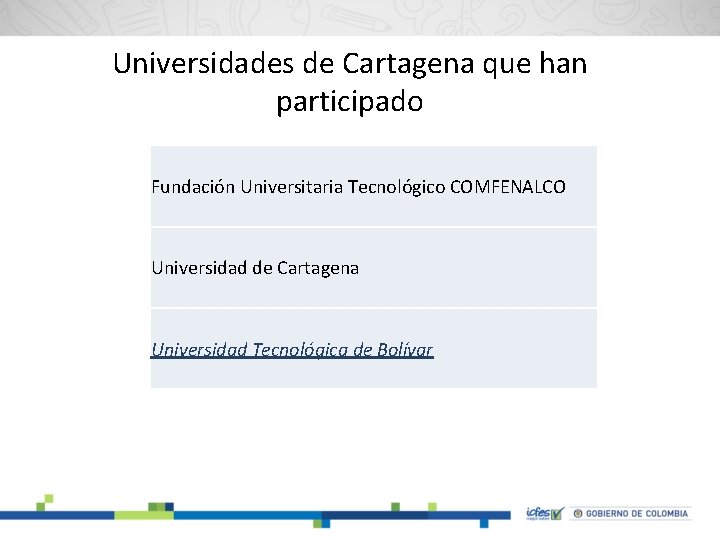 Universidades de Cartagena que han participado Fundación Universitaria Tecnológico COMFENALCO Universidad de Cartagena Universidad