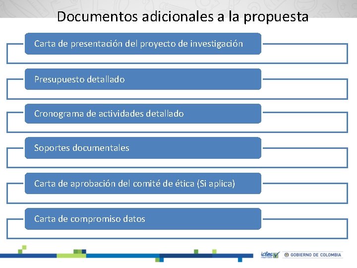 Documentos adicionales a la propuesta Carta de presentación del proyecto de investigación Presupuesto detallado
