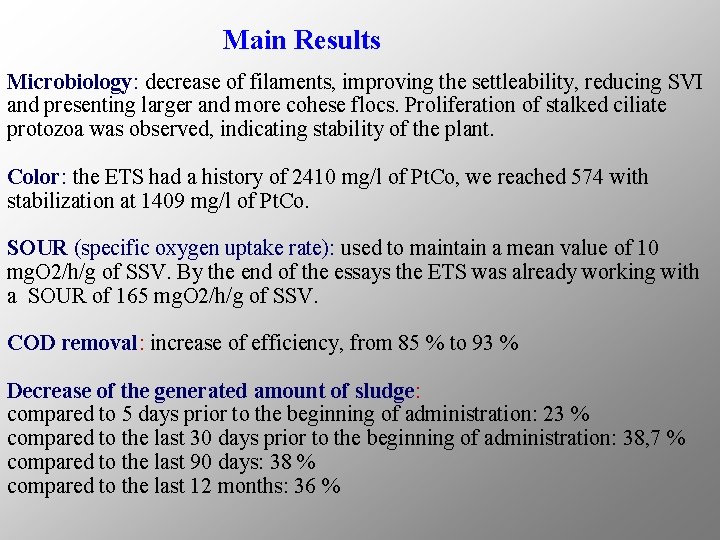 Main Results Microbiology: decrease of filaments, improving the settleability, reducing SVI and presenting larger