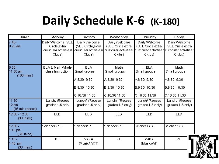 Daily Schedule K-6 Times 7: 40 - 8: 25 am 8: 30 - 11: