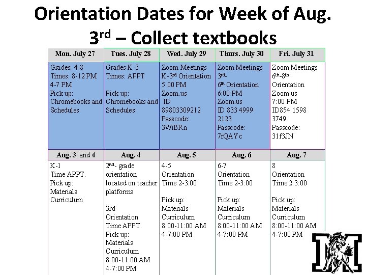 Orientation Dates for Week of Aug. 3 rd – Collect textbooks Mon. July 27