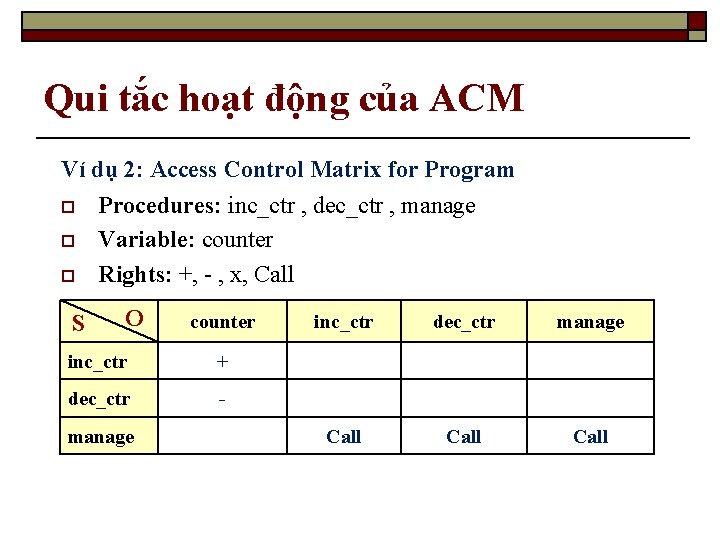 Qui tắc hoạt động của ACM Ví dụ 2: Access Control Matrix for Program