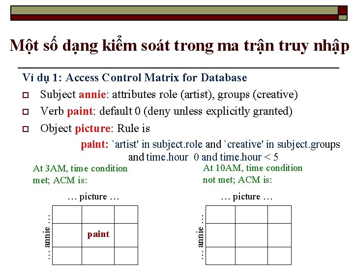 Một số dạng kiểm soát trong ma trận truy nhập Ví dụ 1: Access