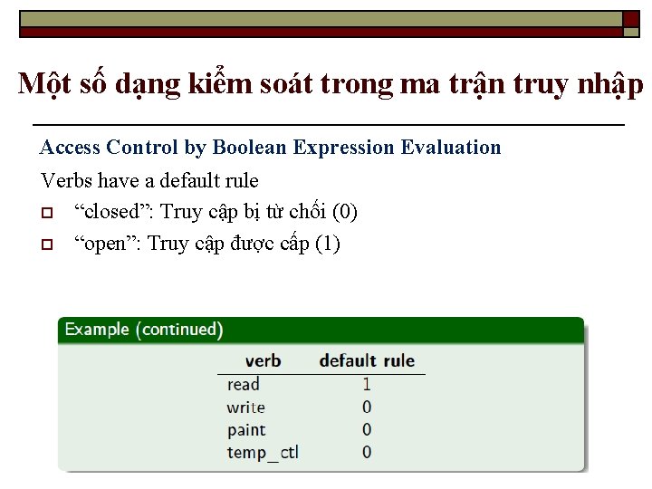 Một số dạng kiểm soát trong ma trận truy nhập Access Control by Boolean