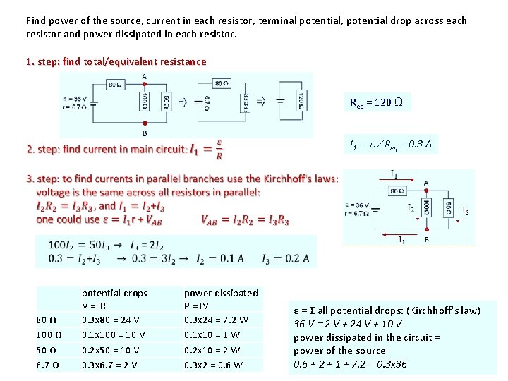 Find power of the source, current in each resistor, terminal potential, potential drop across
