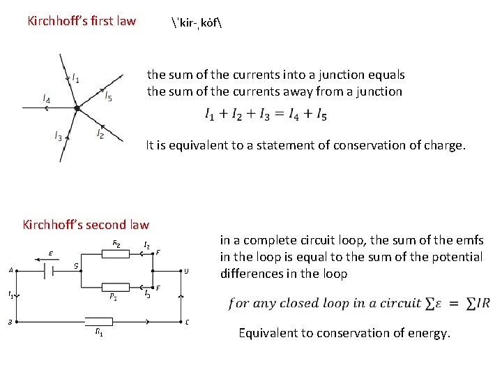 Kirchhoff’s first law ˈkir-ˌko f the sum of the currents into a junction equals