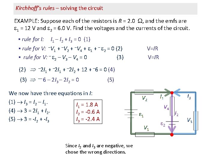 Kirchhoff’s rules – solving the circuit EXAMPLE: Suppose each of the resistors is R
