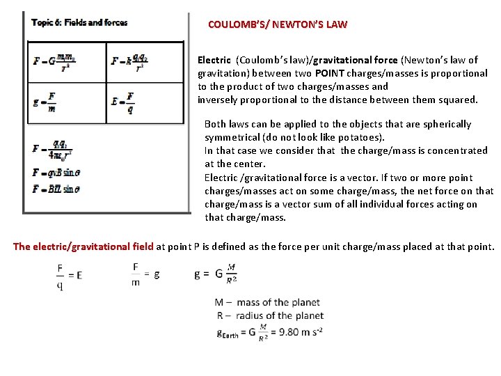 COULOMB’S/ NEWTON’S LAW Electric (Coulomb’s law)/gravitational force (Newton’s law of gravitation) between two POINT