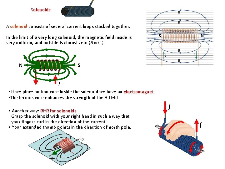 Solenoids A solenoid consists of several current loops stacked together. In the limit of