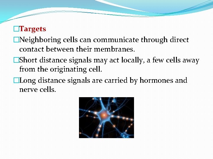 �Targets �Neighboring cells can communicate through direct contact between their membranes. �Short distance signals