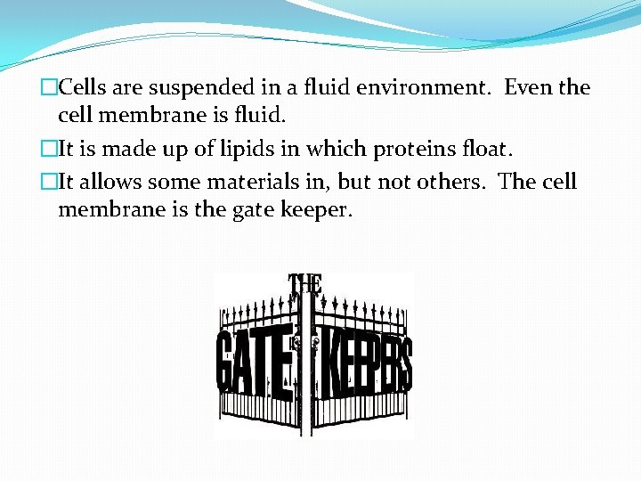 �Cells are suspended in a fluid environment. Even the cell membrane is fluid. �It