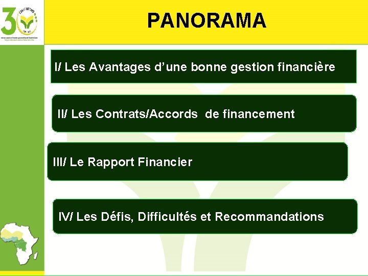 PANORAMA I/ Les Avantages d’une bonne gestion financière II/ Les Contrats/Accords de financement III/