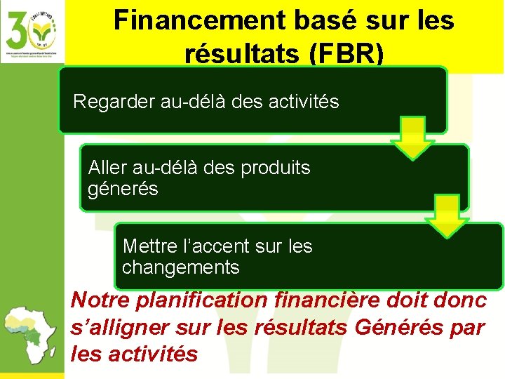 Financement basé sur les résultats (FBR) Regarder au-délà des activités Aller au-délà des produits