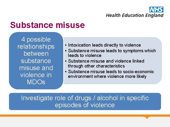Substance misuse 4 possible relationships between substance misuse and violence in MDOs • Intoxication