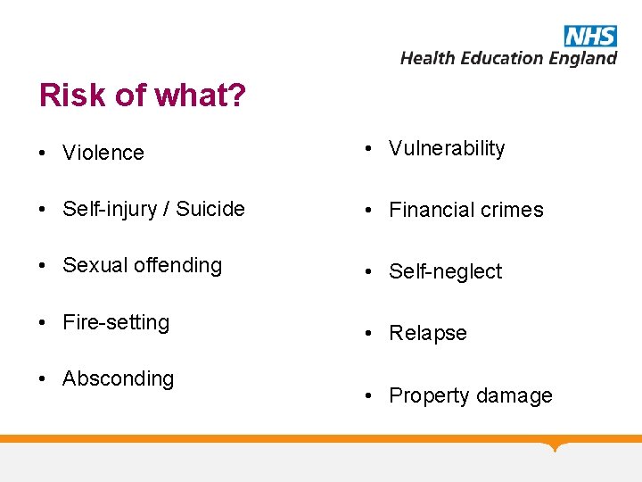 Risk of what? • Violence • Vulnerability • Self-injury / Suicide • Financial crimes