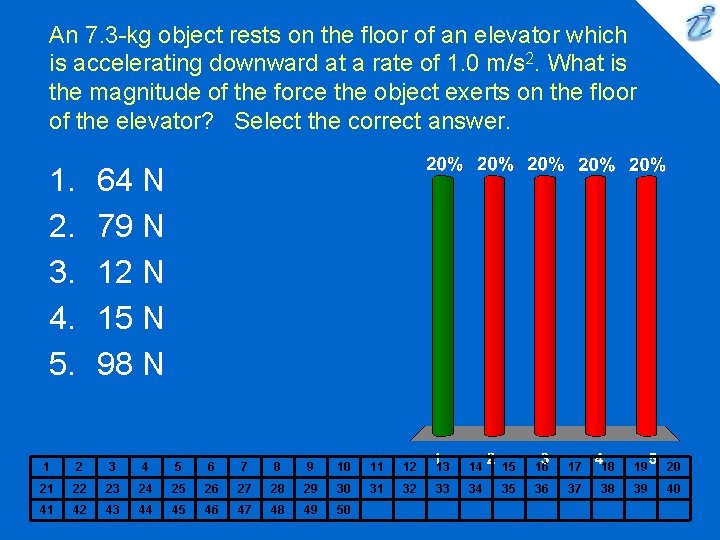 An 7. 3 -kg object rests on the floor of an elevator which is