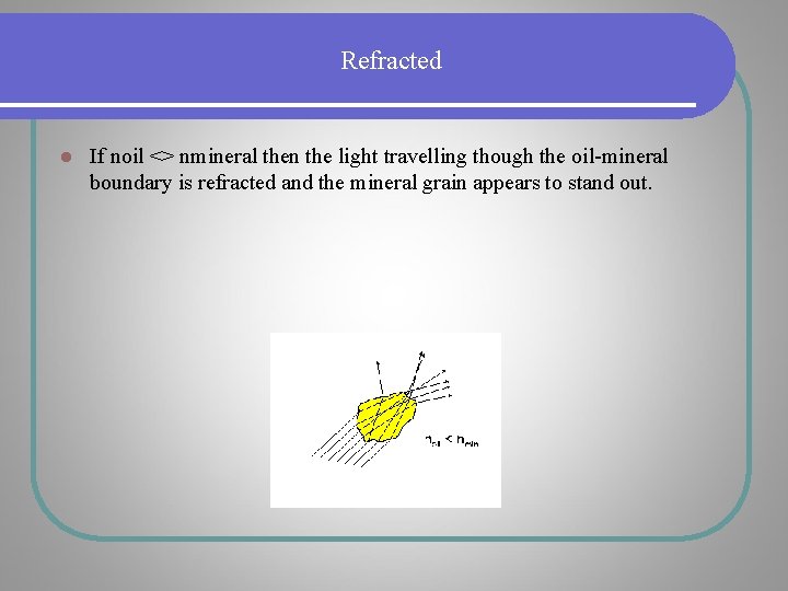 Refracted l If noil <> nmineral then the light travelling though the oil-mineral boundary Refracted l If noil <> nmineral then the light travelling though the oil-mineral boundary