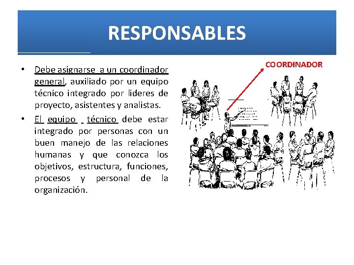 RESPONSABLES • Debe asignarse a un coordinador general, auxiliado por un equipo técnico integrado