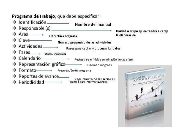 Programa de trabajo, que debe especificar: v Identificación Nombre del manual v Responsable (s)