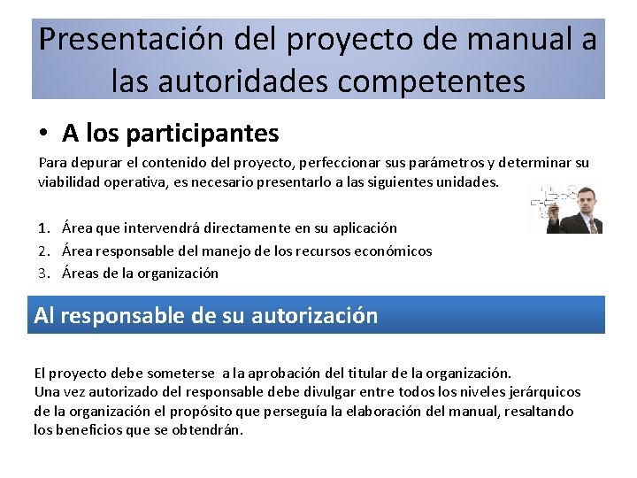 Presentación del proyecto de manual a las autoridades competentes • A los participantes Para