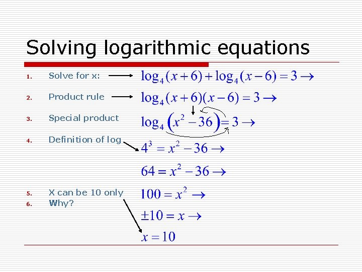 Solving logarithmic equations 1. Solve for x: 2. Product rule 3. Special product 4.