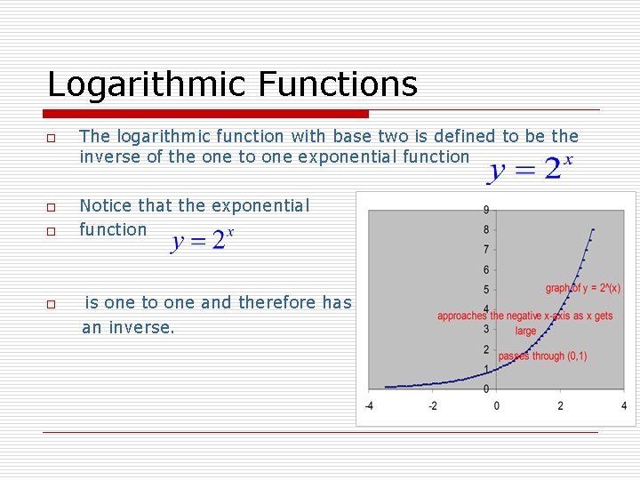 Logarithmic Functions o o The logarithmic function with base two is defined to be