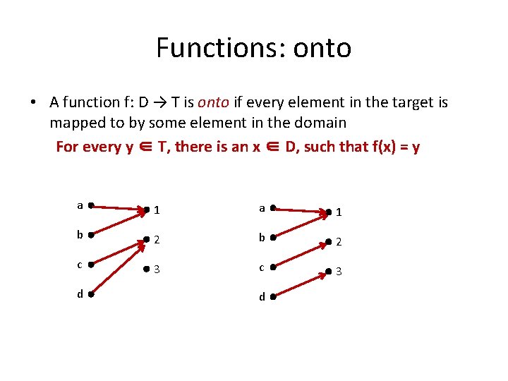 Functions: onto • A function f: D → T is onto if every element