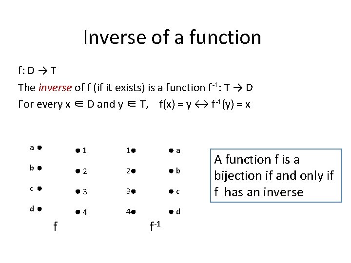 Inverse of a function f: D → T The inverse of f (if it