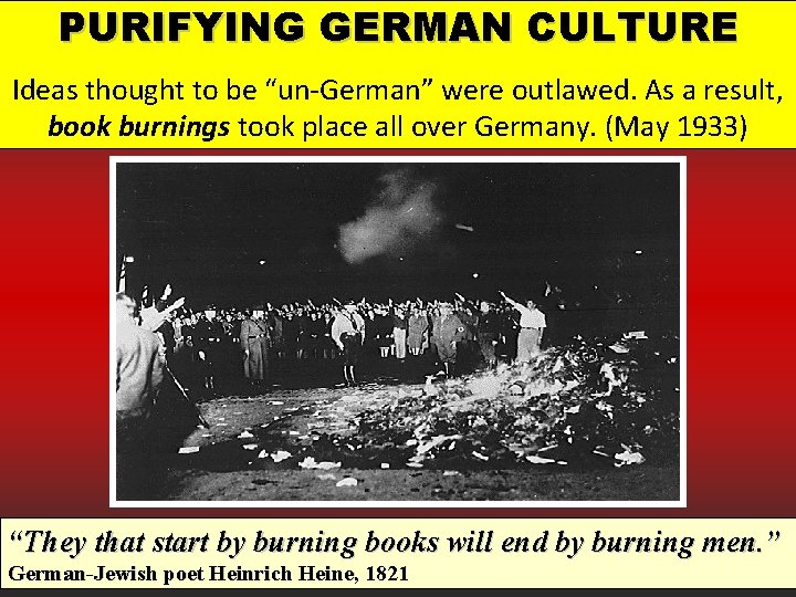 PURIFYING GERMAN CULTURE Ideas thought to be “un-German” were outlawed. As a result, book