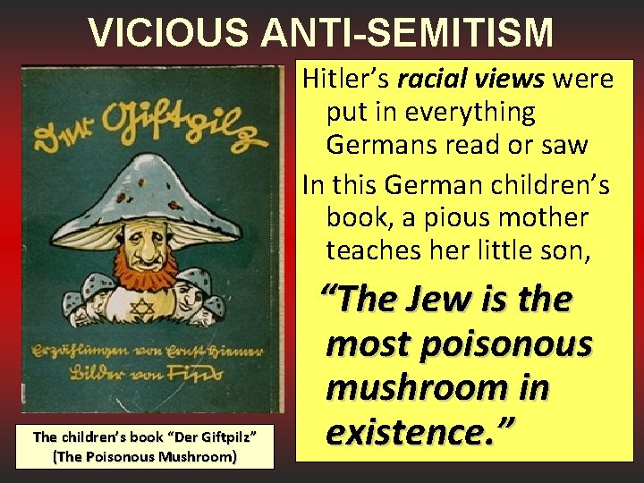 VICIOUS ANTI-SEMITISM Hitler’s racial views were put in everything Germans read or saw In