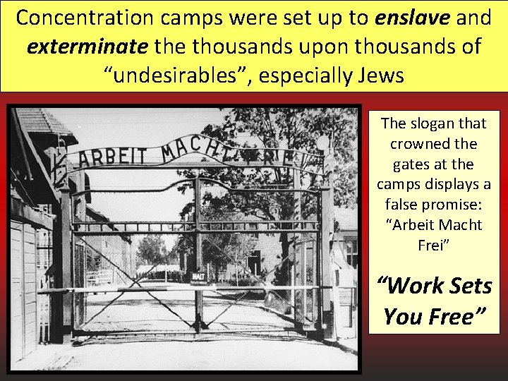 Concentration camps were set up to enslave and exterminate thousands upon thousands of “undesirables”,
