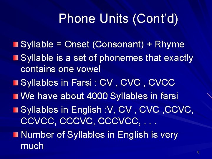 Phone Units (Cont’d) Syllable = Onset (Consonant) + Rhyme Syllable is a set of