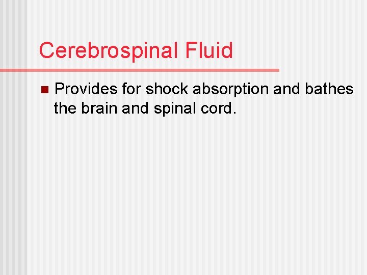 Cerebrospinal Fluid n Provides for shock absorption and bathes the brain and spinal cord.