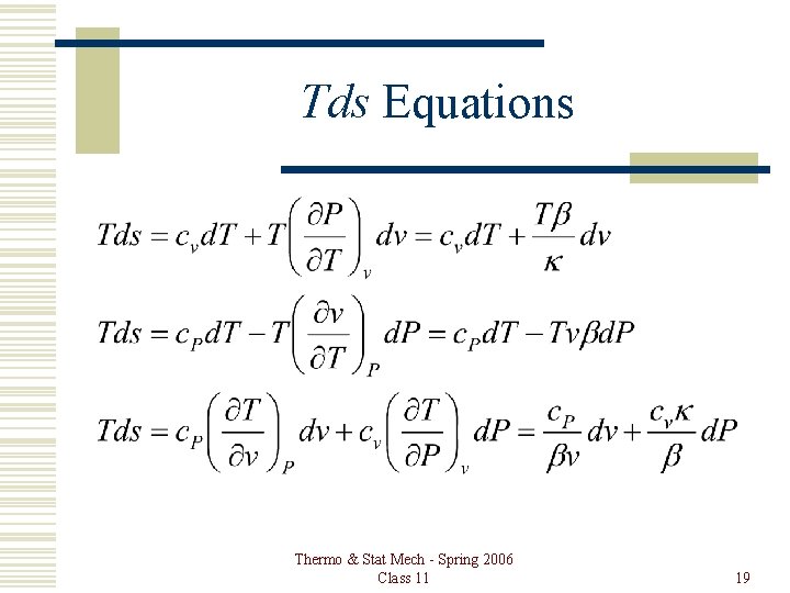 Tds Equations Thermo & Stat Mech - Spring 2006 Class 11 19 