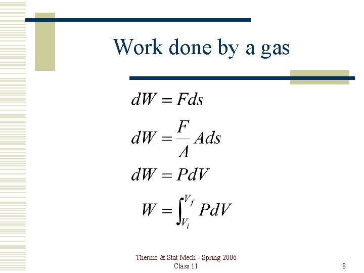 Work done by a gas Thermo & Stat Mech - Spring 2006 Class 11