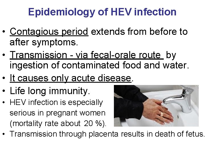 Epidemiology of HEV infection • Contagious period extends from before to after symptoms. •