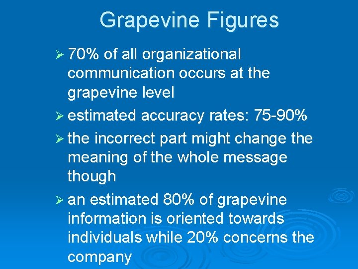 Grapevine Figures Ø 70% of all organizational communication occurs at the grapevine level Ø