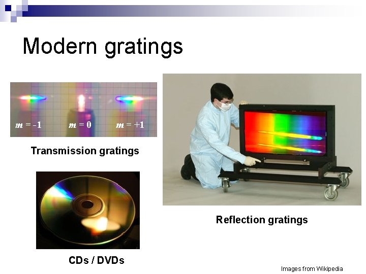 Modern gratings Transmission gratings Reflection gratings CDs / DVDs Images from Wikipedia 
