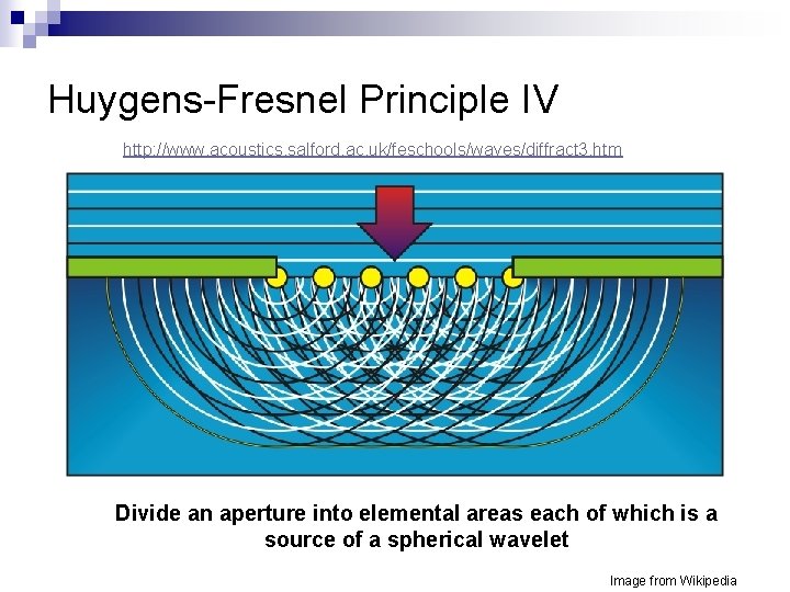 Huygens-Fresnel Principle IV http: //www. acoustics. salford. ac. uk/feschools/waves/diffract 3. htm Divide an aperture