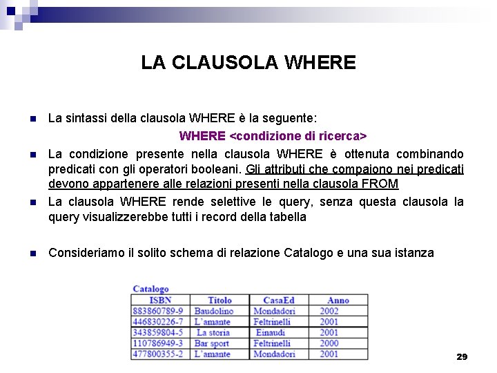 LA CLAUSOLA WHERE n n La sintassi della clausola WHERE è la seguente: WHERE