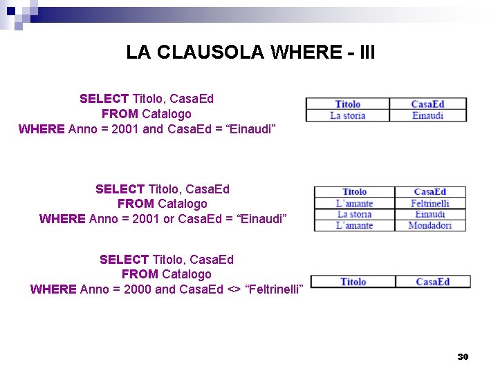 LA CLAUSOLA WHERE - III SELECT Titolo, Casa. Ed FROM Catalogo WHERE Anno =