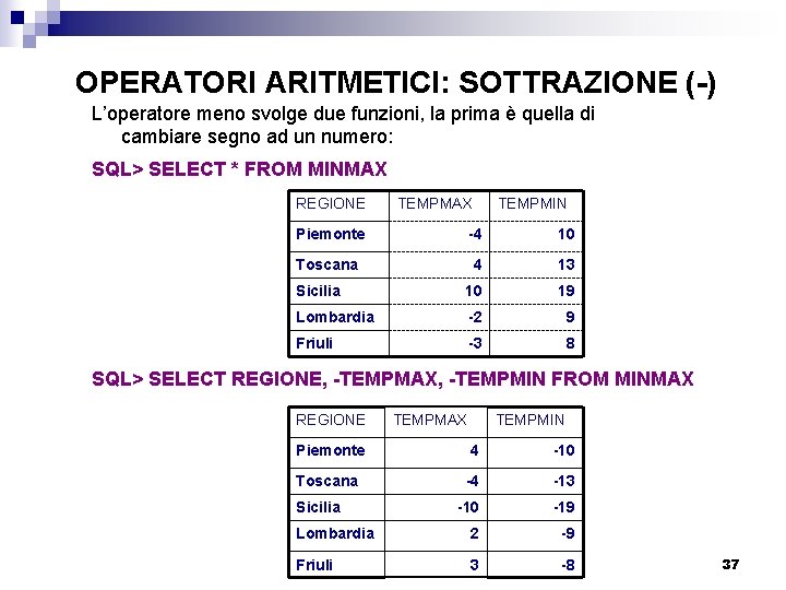 OPERATORI ARITMETICI: SOTTRAZIONE (-) L’operatore meno svolge due funzioni, la prima è quella di
