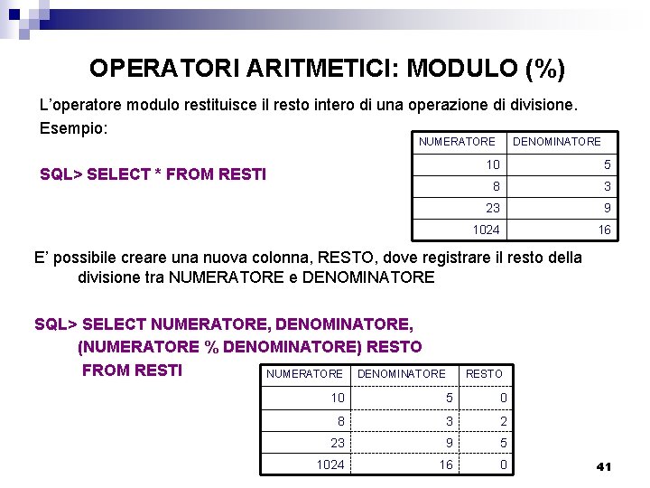 OPERATORI ARITMETICI: MODULO (%) L’operatore modulo restituisce il resto intero di una operazione di