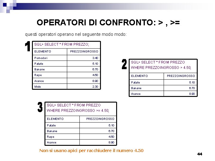 OPERATORI DI CONFRONTO: > , >= questi operatori operano nel seguente modo: SQL> SELECT