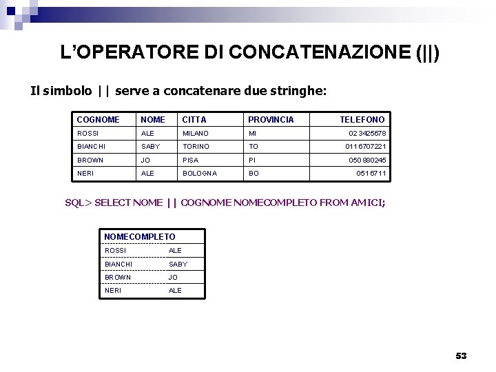 L’OPERATORE DI CONCATENAZIONE (||) Il simbolo || serve a concatenare due stringhe: COGNOME CITTA