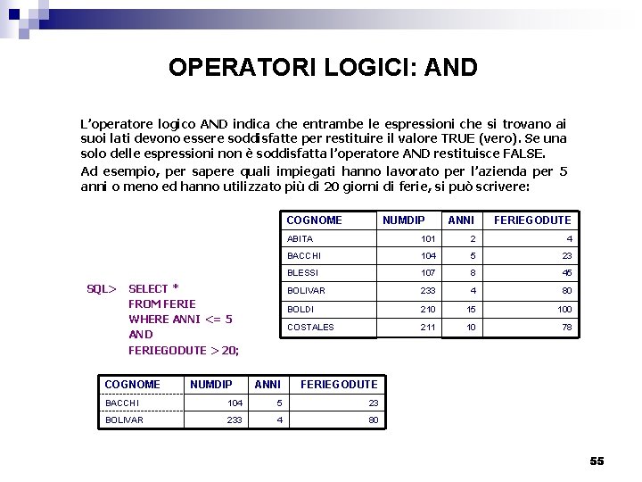 OPERATORI LOGICI: AND L’operatore logico AND indica che entrambe le espressioni che si trovano